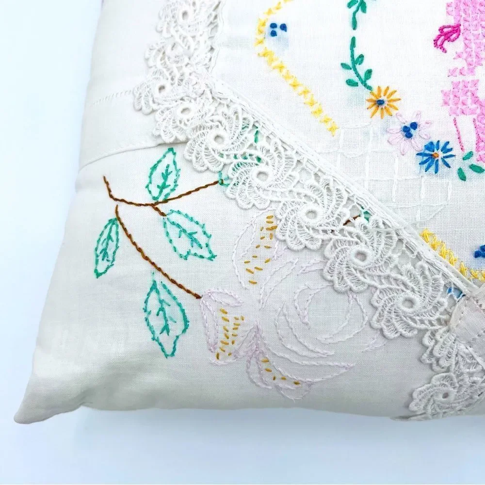 Pillow Cushion Handmade Embroidery Craft Floral Lace Crochet Multicolor Boho